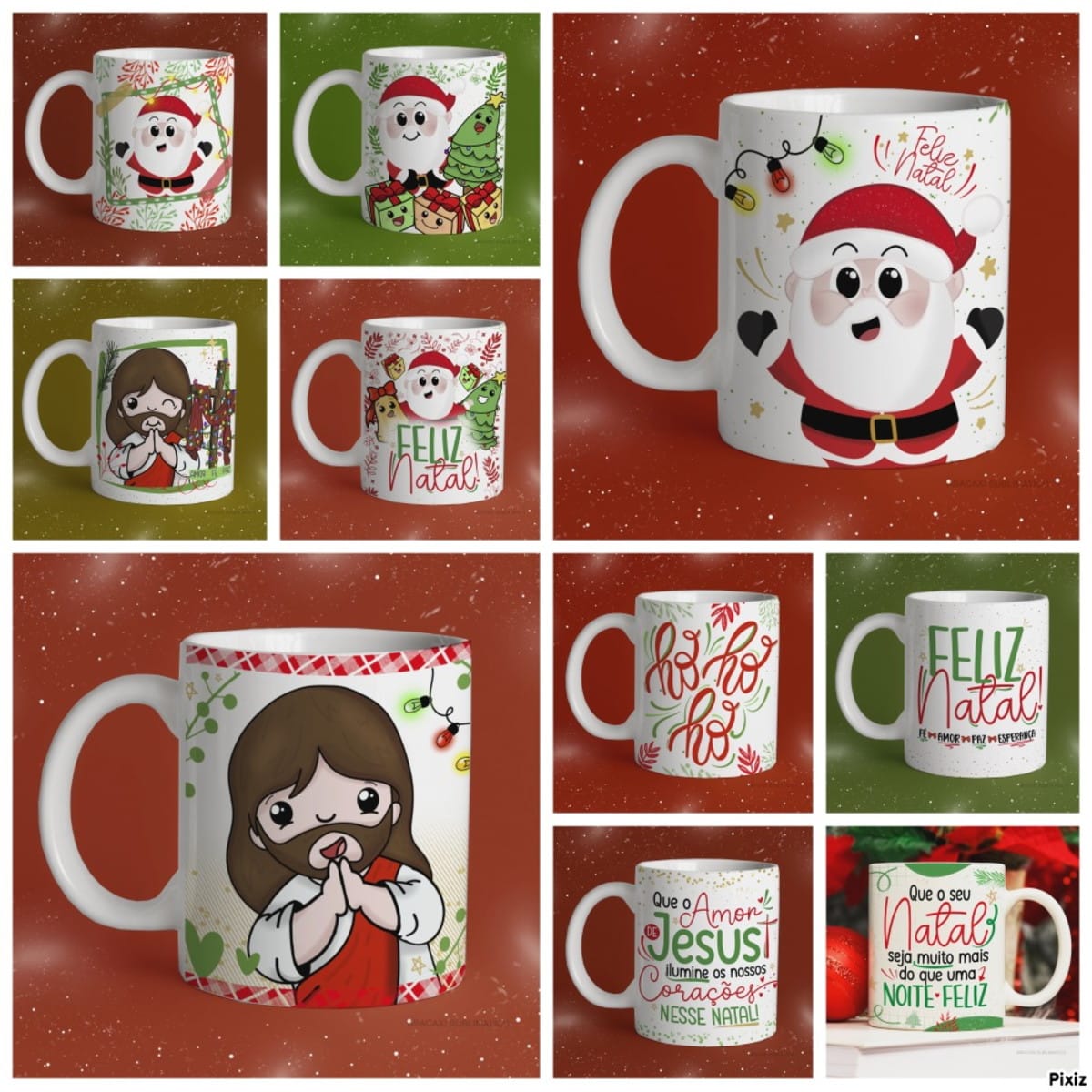Kit Digital Natal Cute para Sublimação de Canecas 1 Coleção de designs digitais para canecas com temas natalinos, incluindo figuras festivas e mensagens.