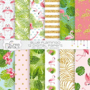 Arte digital com padrões de flamingos, folhas tropicais e brilho.