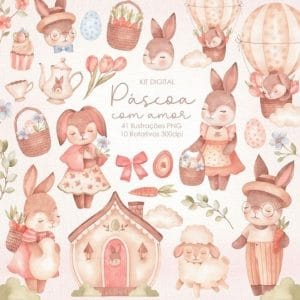 Kit Digital Páscoa Em Aquarela Ilustrações Png Para Imprimir