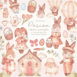 Kit Digital Páscoa Em Aquarela Ilustrações Png Para Imprimir