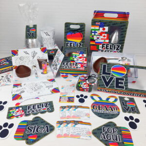 Kit Digital Páscoa Now United em PDF e Studio para Lembrancinhas 27 Variados designs digitais de Páscoa coloridos com tema global e arco-íris.