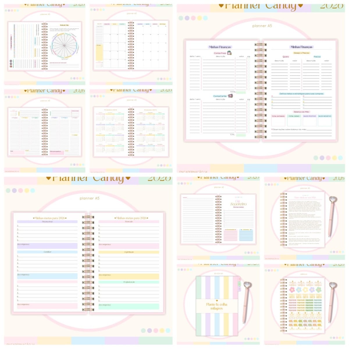 Kit digital Planner Candy A5 2026 para personalizar 2 Apresentação em grade com páginas internas de um planner digital colorido em tons pastéis.