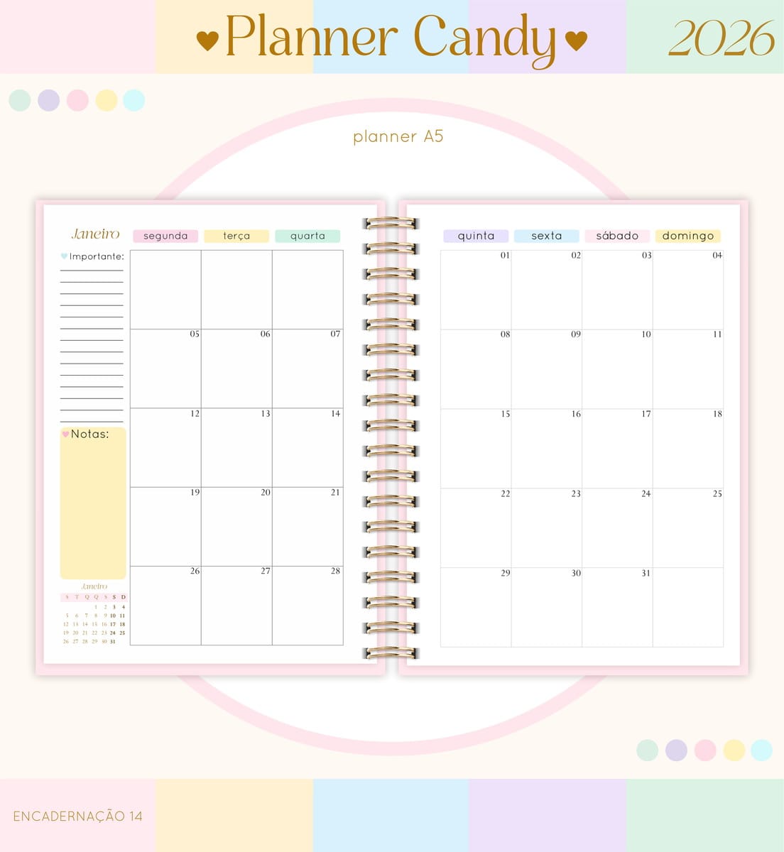 Kit digital Planner Candy A5 2026 para personalizar 3 Agenda aberta exibindo um calendário mensal colorido em formato de grade com dias numerados.