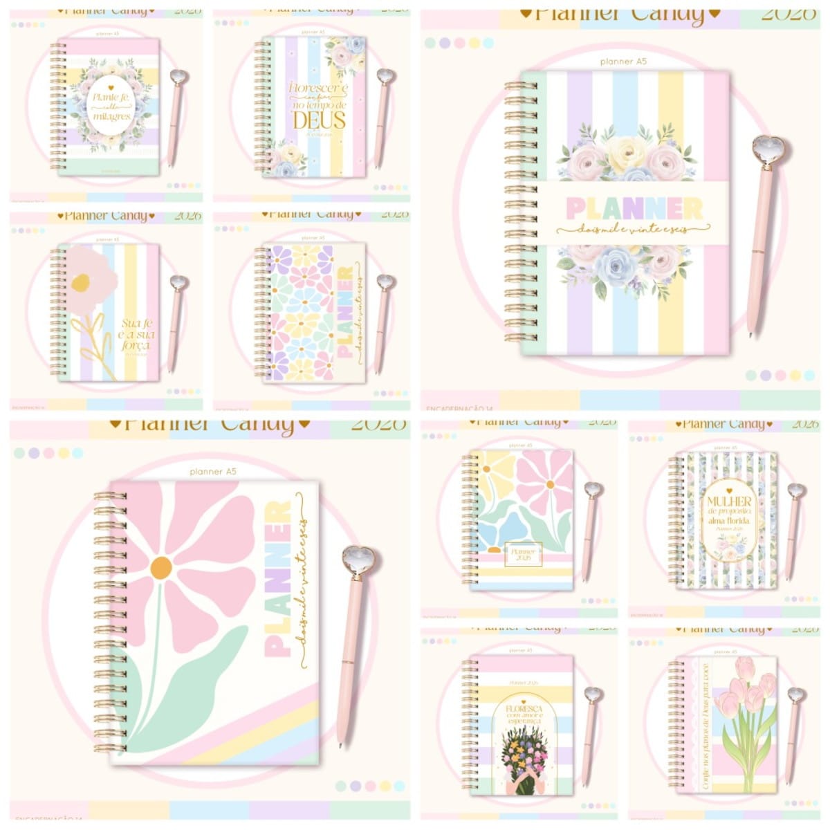 Kit digital Planner Candy A5 2026 para personalizar 1 Coleção de planners espiralados coloridos e canetas combinando apresentados em fundo claro.