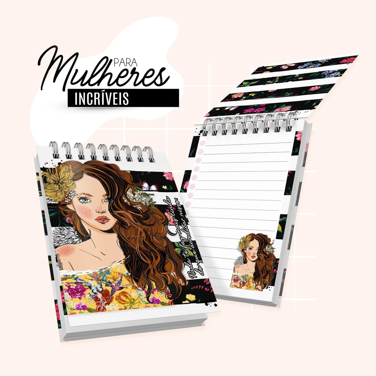 Kit Digital Planner Feminino Coleção Nada Te Faz Mais Linda 3 Arte digital de caderno com ilustração de mulher e flores, fundo listrado.