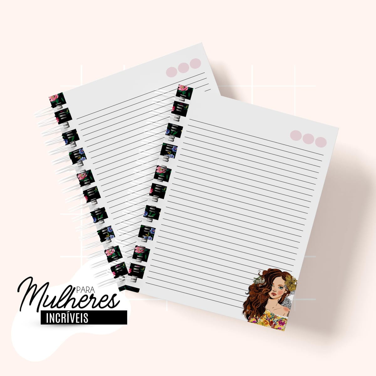 Kit Digital Planner Feminino Coleção Nada Te Faz Mais Linda 5 Páginas de caderno digital com ilustração de mulher e texto motivacional.