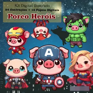 Kit Digital PNG Porcos Herois para Cartonagem e Encadernacao