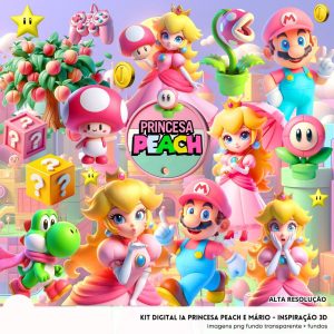 Kit Digital Princesa Peach e Mário 3D Fofo Ilustrações Png