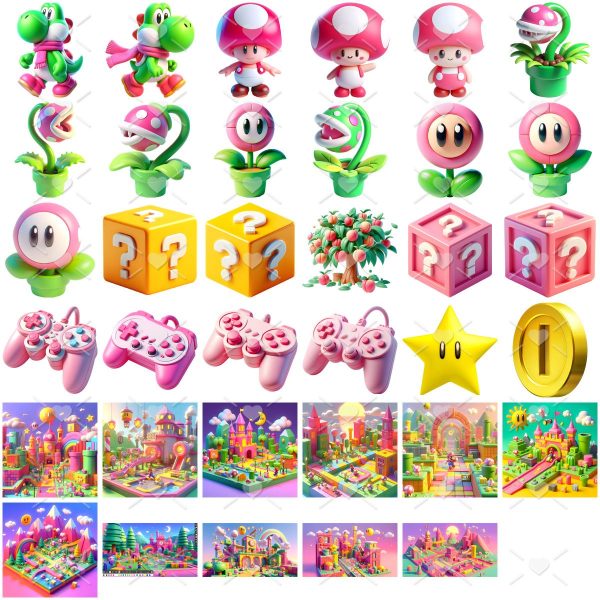 Kit Digital Princesa Peach e Mário 3D Fofo Ilustrações Png