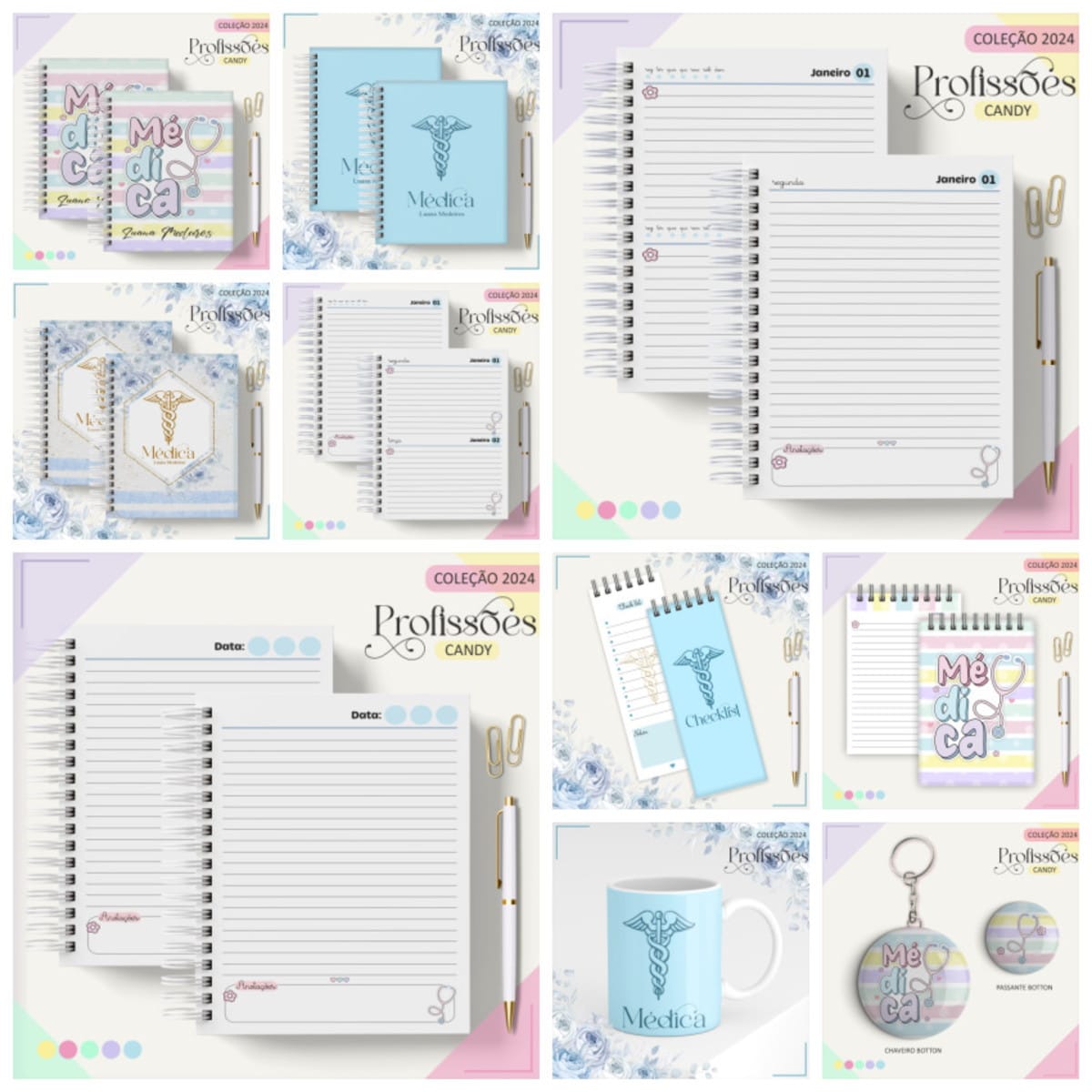 Kit Digital Profissão Médica para Agenda e Papelaria 2 Coleção de designs digitais para a profissão médica, com agendas, cadernos e acessórios.
