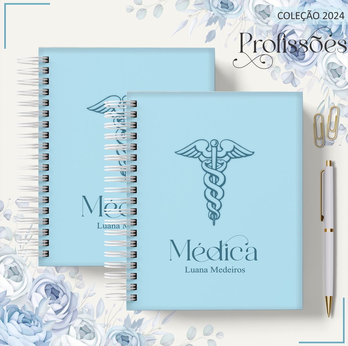 Kit Digital Profissão Médica para Agenda e Papelaria 3 Arte digital de duas agendas azuis com símbolo médico e texto "Médica".