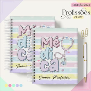 Duas capas de agenda digital com listras pastel e texto "Médica" com estetoscópio.