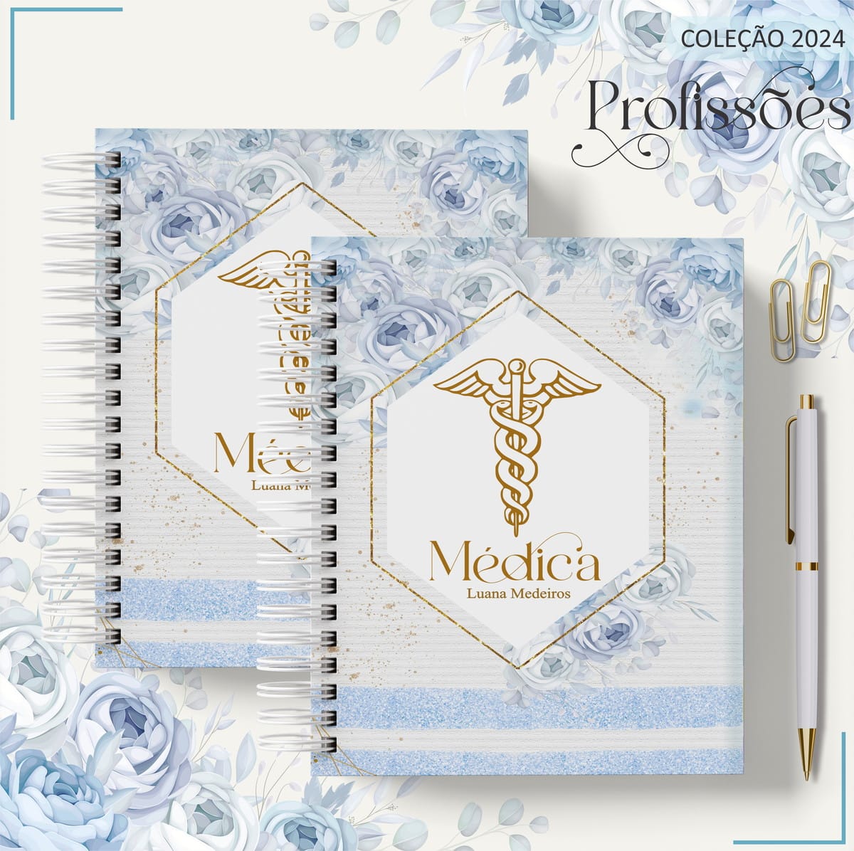 Kit Digital Profissão Médica para Agenda e Papelaria 4 Arte digital de cadernos com design floral azul, símbolo médico e glitter.