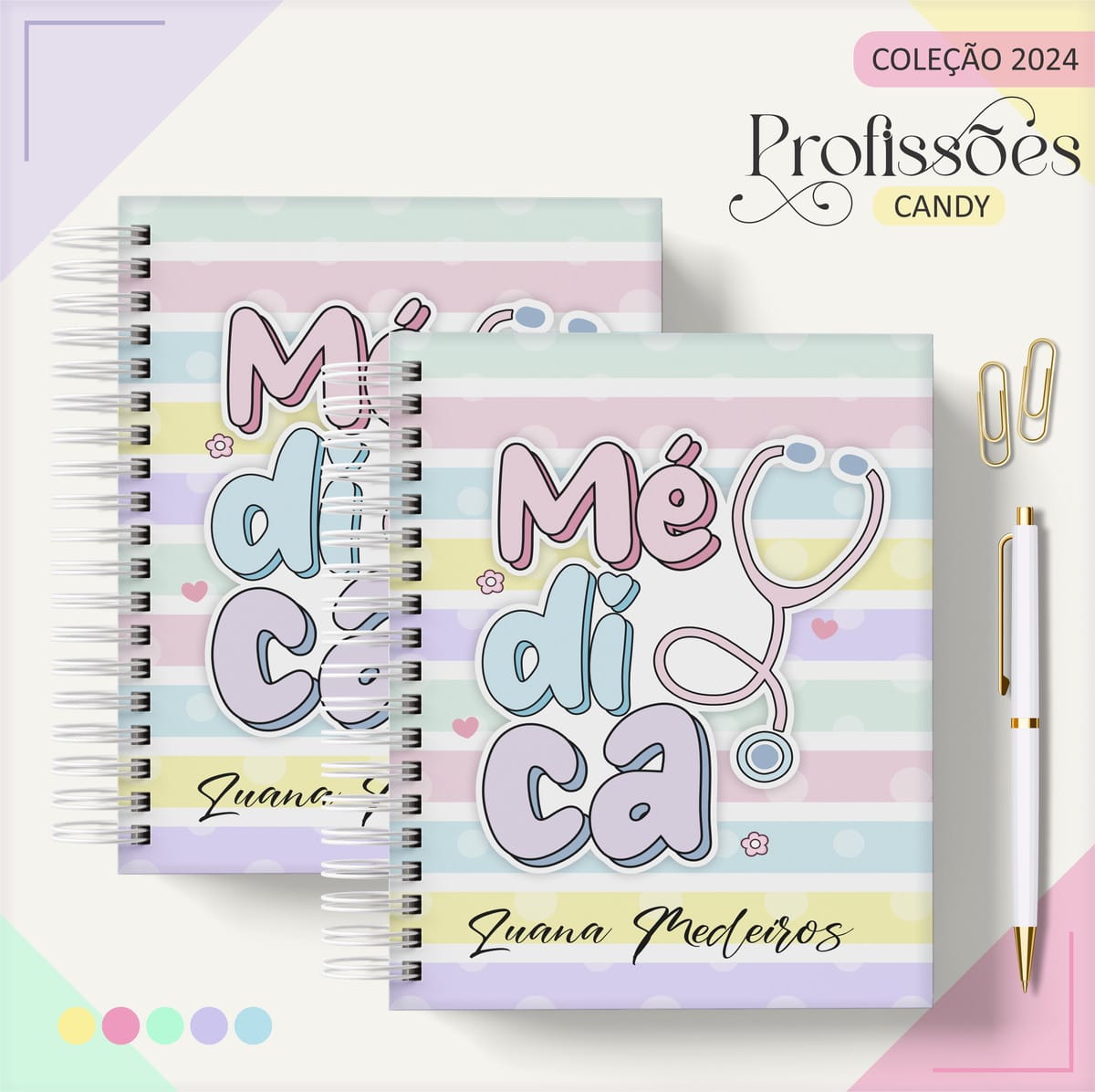 Kit Digital Profissão Médica para Agenda e Papelaria 1 Duas capas de agenda digital com listras pastel e texto "Médica" com estetoscópio.