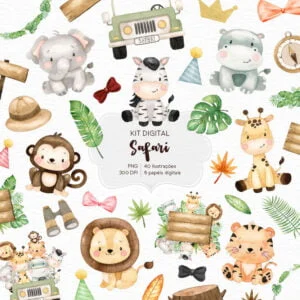 Kit Digital Safari PNG Imagens Aquareladas Bichinhos Fofos