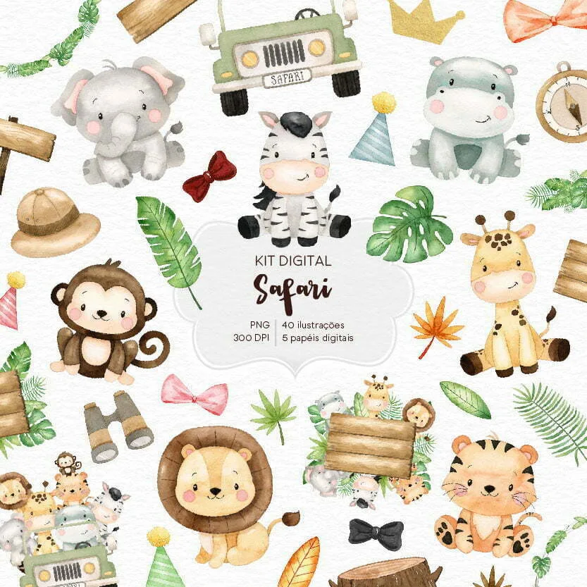 Kit Digital Safari PNG Imagens Aquareladas Bichinhos Fofos