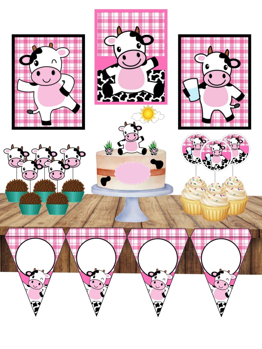 Kit Digital Tema Vaquinha com Arquivo de Corte Studio 1 Decoração de festa infantil com tema de vaquinha, bolos, docinhos e enfeites variados.