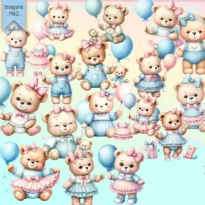 Kit Digital Ursinhas Azul Rosa Para Cartonagem E Papercraft