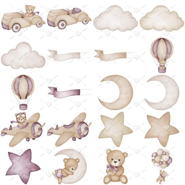 Kit Digital Ursinho Aviador Roxo Cliparts Chá de Bebê Png