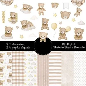 Kit Digital Ursinho Bege com Dourado Png 3 Kit Digital Ursinho Bege com Dourado Png