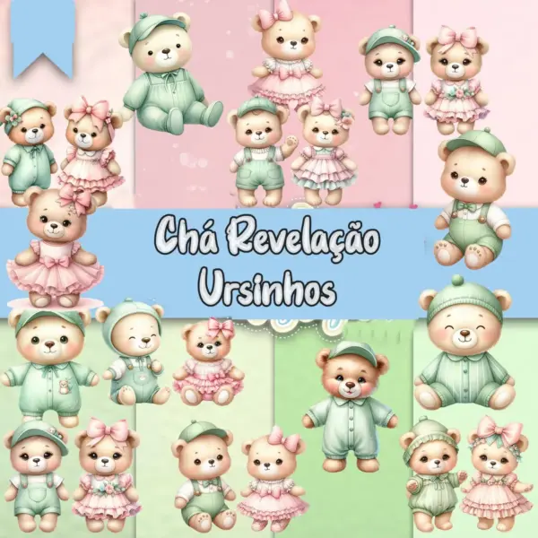 Kit Digital Ursinhos Verdes E Cor De Rosa Para Cha Bebe
