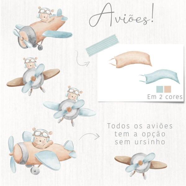 Kit Digital Urso Aviador Aquarelado Coleção O Tempo Voa Png