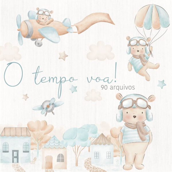 Kit Digital Urso Aviador Aquarelado Coleção O Tempo Voa Png