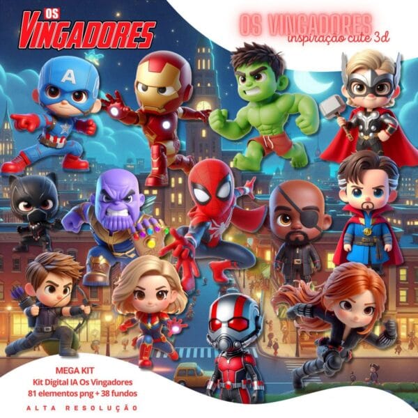 Kit Digital Vingadores 3D Cute Fofo Ilustrações Png