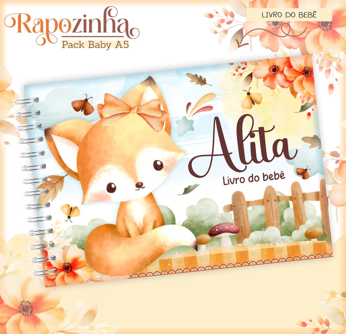 Kit Encadernação Baby Raposinha para Imprimir e Montar 2 Capa de caderno ilustrada com uma raposa fofa em estilo aquarela.