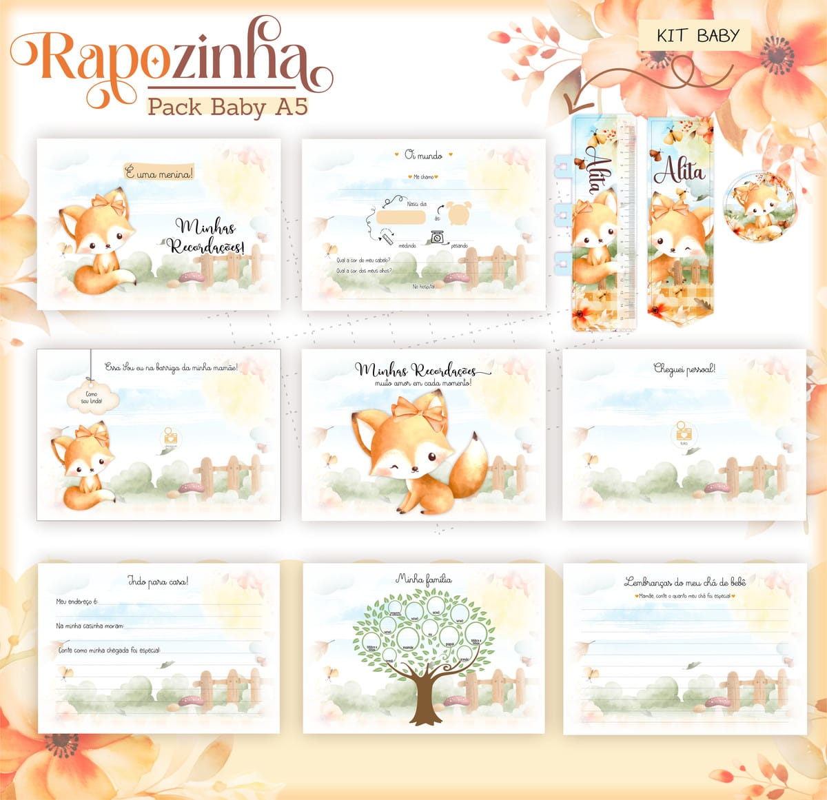 Kit Encadernação Baby Raposinha para Imprimir e Montar 3 Coleção de artes digitais com ilustrações de raposas e elementos florais para bebês.