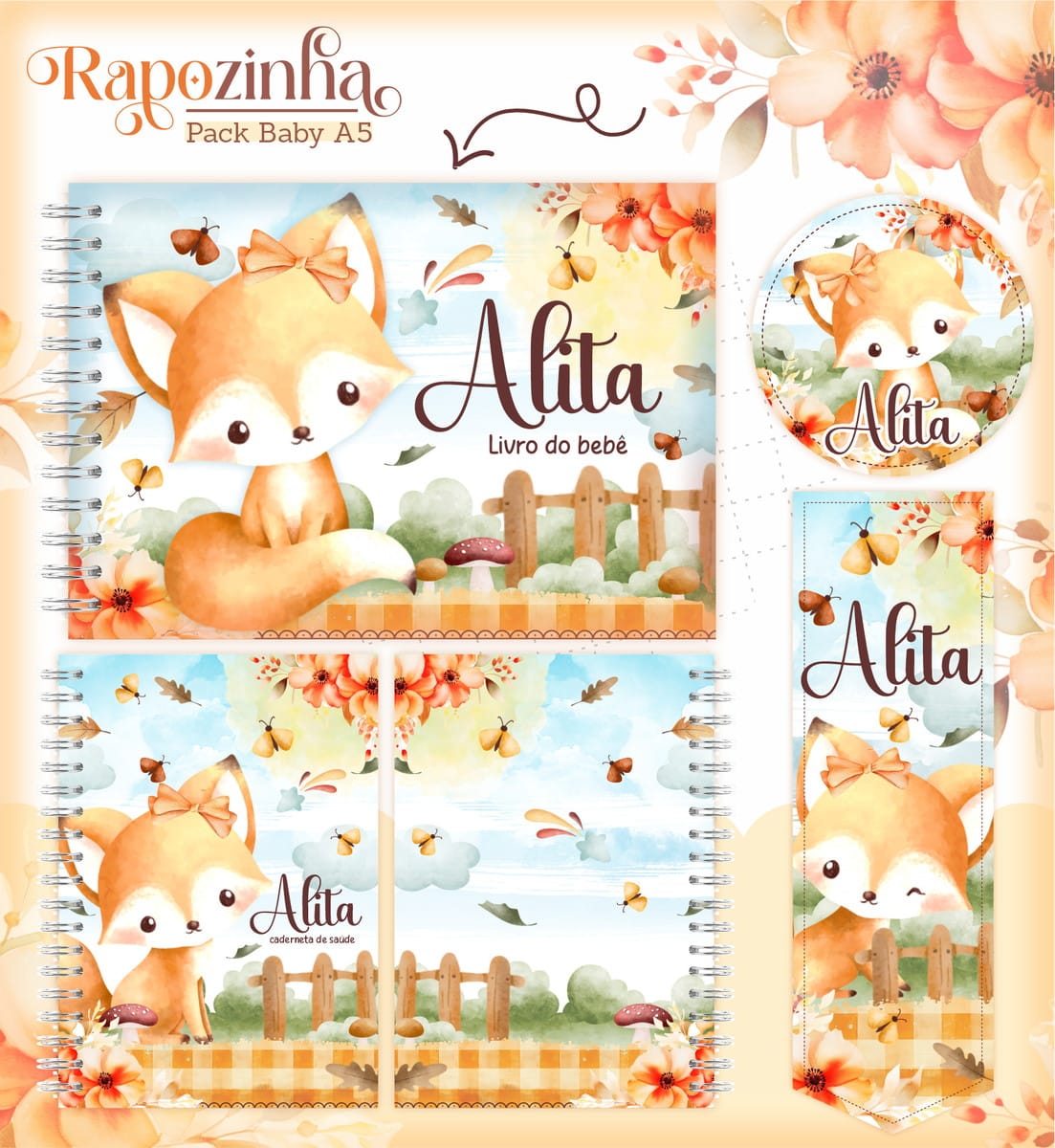 Kit Encadernação Baby Raposinha para Imprimir e Montar 1 Kit digital com ilustração de raposa, flores e cogumelos para material infantil personalizado.