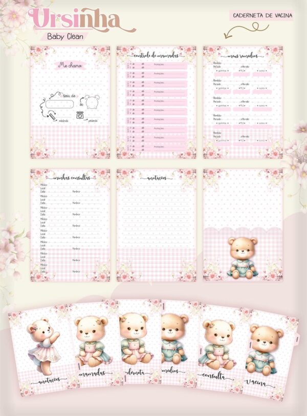 Kit Encadernação Baby Ursinha Rosa Inicial - Arquivo Digital
