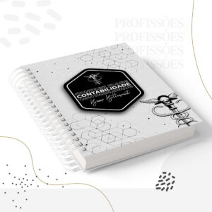 Kit Encadernação Contabilidade Masculina para Artesãs 5 Arte digital de capa de caderno de contabilidade com espiral branca e detalhes geométricos.
