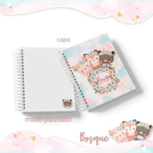 Kit Digital Encadernação Bosque Menina para Personalizados 5 Arte digital de caderno espiral com capa de animais do bosque e miolo pautado.