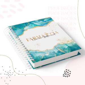 Arte digital para capa de planner com design marmorizado azul-petróleo e dourado, texto 'FARMÁCIA'.