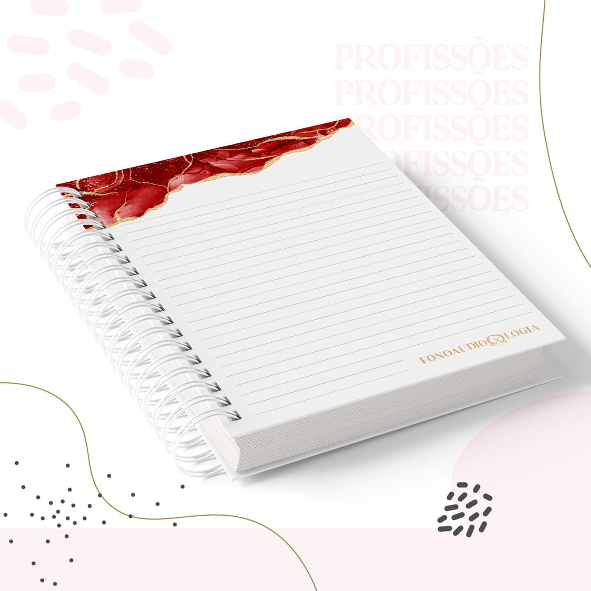 Kit Encadernação Fonoaudiologia Feminino Digital 2 Arte digital de caderno espiral com capa vermelha e dourada, página com linhas e texto Fonoaudiologia.