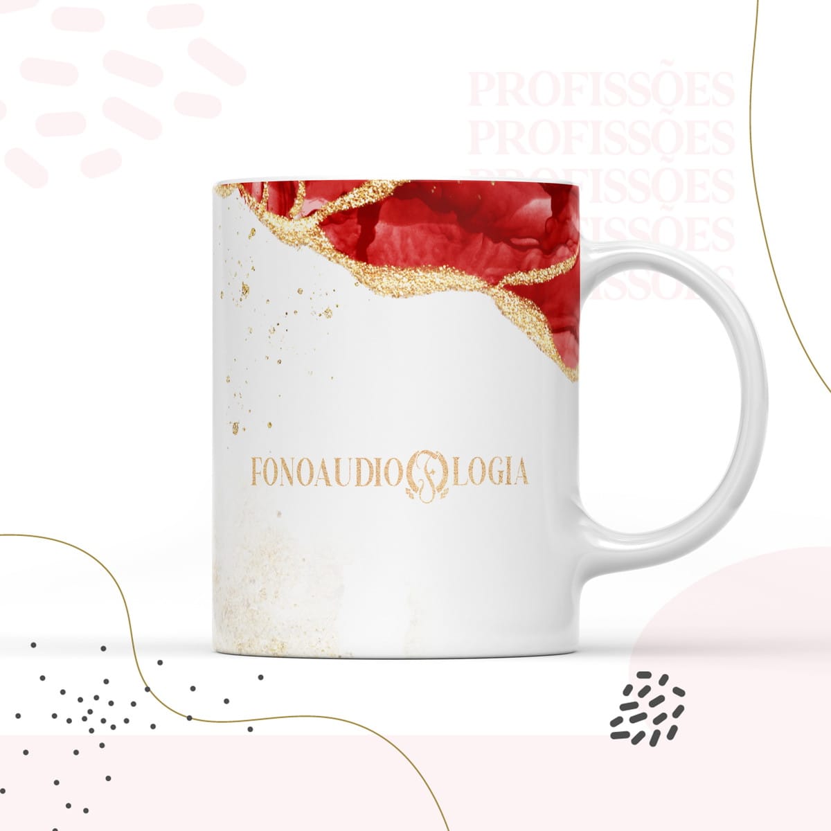 Kit Encadernação Fonoaudiologia Feminino Digital 3 Caneca branca com arte abstrata vermelha e dourada, texto "FONOAUDIOLOGIA".