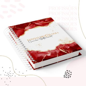 Caderno espiral com capa abstrata vermelha e dourada, texto "FONOAUDIOLOGIA".