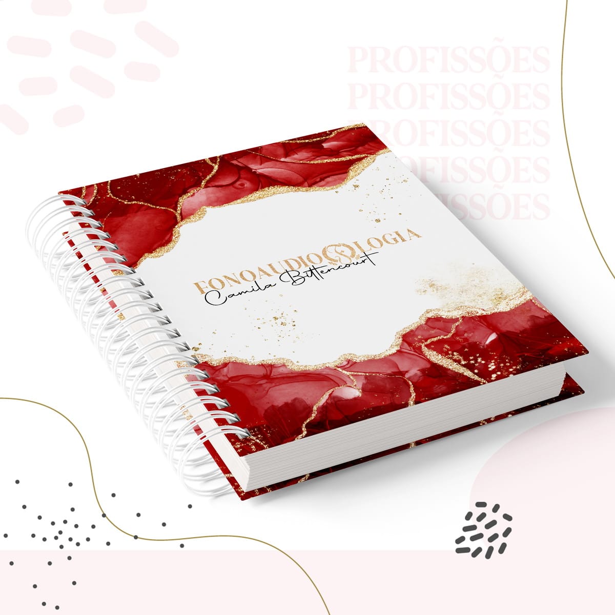 Kit Encadernação Fonoaudiologia Feminino Digital 1 Caderno espiral com capa abstrata vermelha e dourada, texto "FONOAUDIOLOGIA".