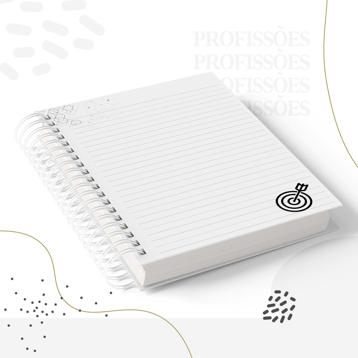 Kit Encadernação Masculino digital para personalizar 2 Arte digital de caderno espiral branco com linhas, ícone de alvo e fundo abstrato.