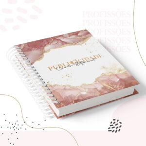 Arte digital de capa para caderno com design abstrato rosa e dourado, PUBLICIDADE.