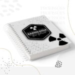Arte digital de um caderno branco com design de Radiologia e símbolos de radiação.