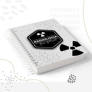 Arte digital de um caderno branco com design de Radiologia e símbolos de radiação.
