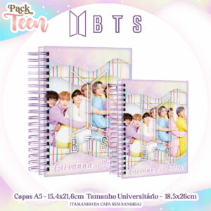 Duas artes digitais de capas de caderno com um grupo de jovens e fundo pastel.