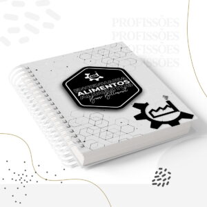 Caderno digital espiral com capa branca e preta, tema Engenharia de Alimentos, ícones gráficos.