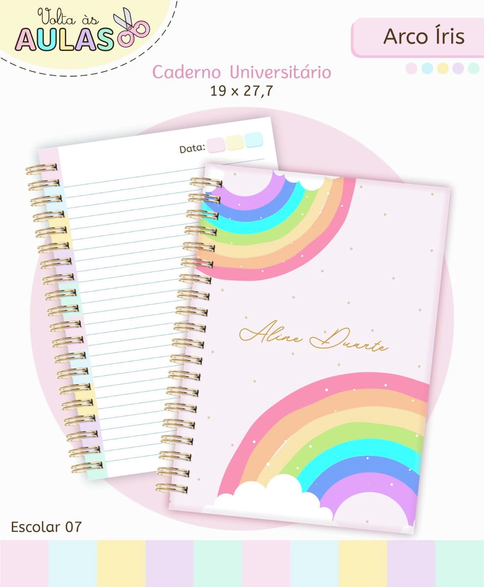 Kit Escolar Arco Iris Digital para Volta as Aulas 2 Caderno universitário espiralado com estampa de arco-íris e folhas pautadas internas visíveis.