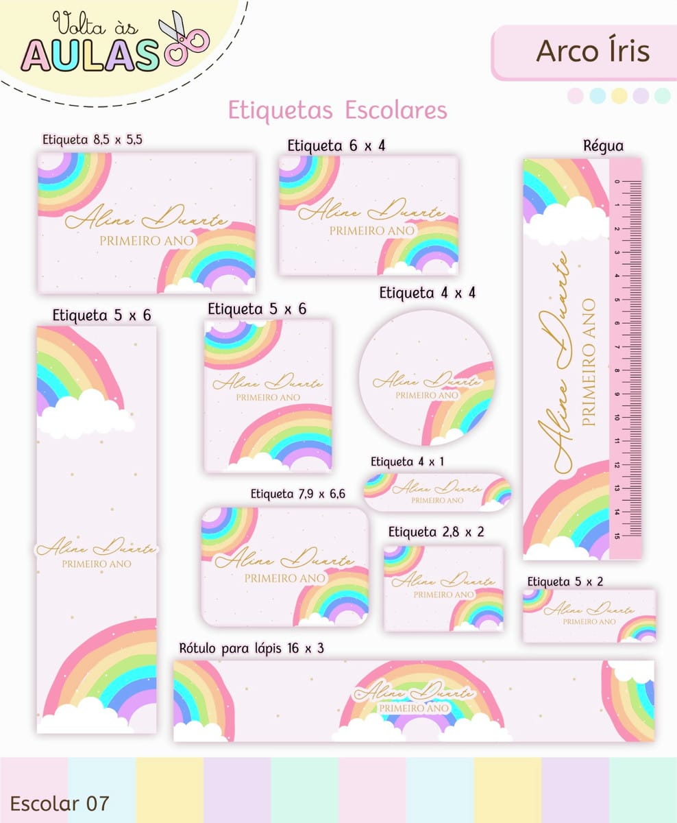 Kit Escolar Arco Iris Digital para Volta as Aulas 4 Conjunto de etiquetas escolares com tema de arco-íris e nuvens em fundo lilás.