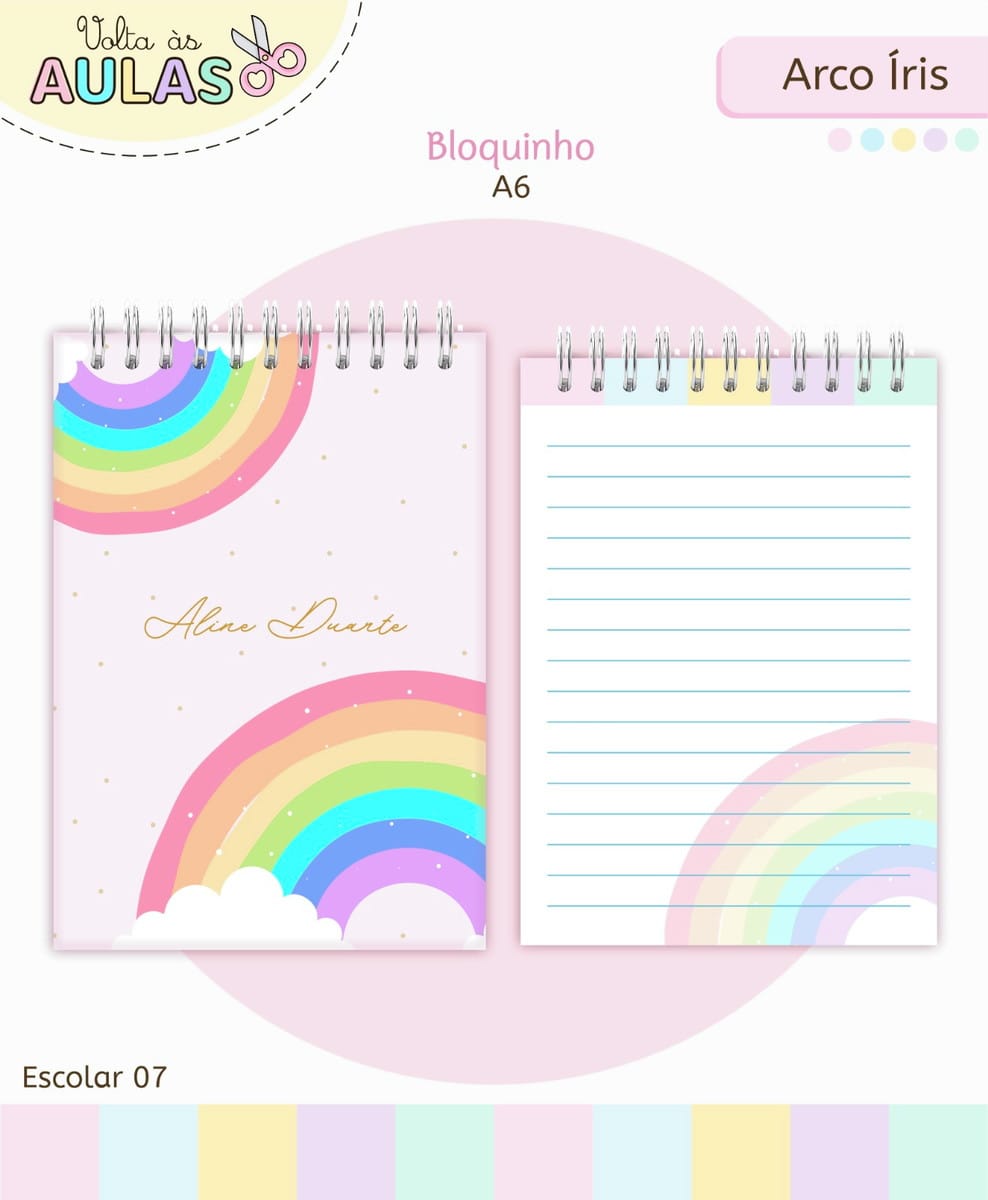 Kit Escolar Arco Iris Digital para Volta as Aulas 5 Dois blocos de notas com temática de arco-íris e folhas pautadas.
