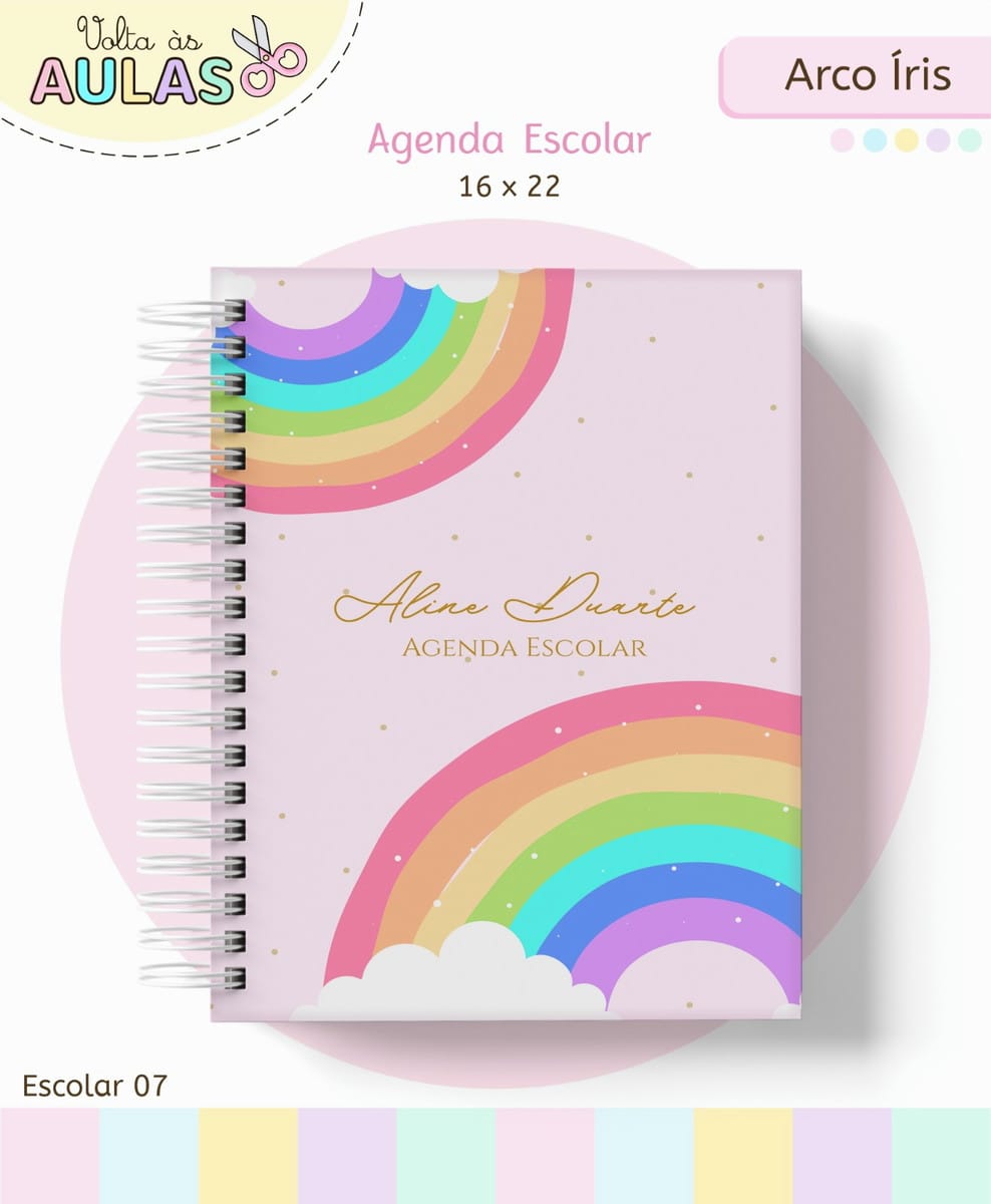 Kit Escolar Arco Iris Digital para Volta as Aulas 1 Agenda escolar com capa rosa decorada com arco-íris e nuvens.