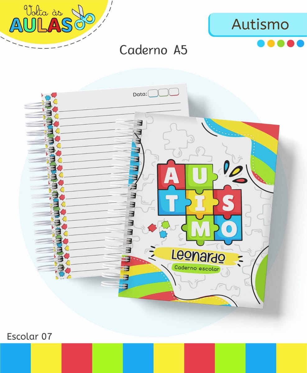 Kit Escolar Autismo Digital com Artes para Imprimir 2 Dois cadernos espiralados com capa temática colorida e folhas pautadas internas visíveis.